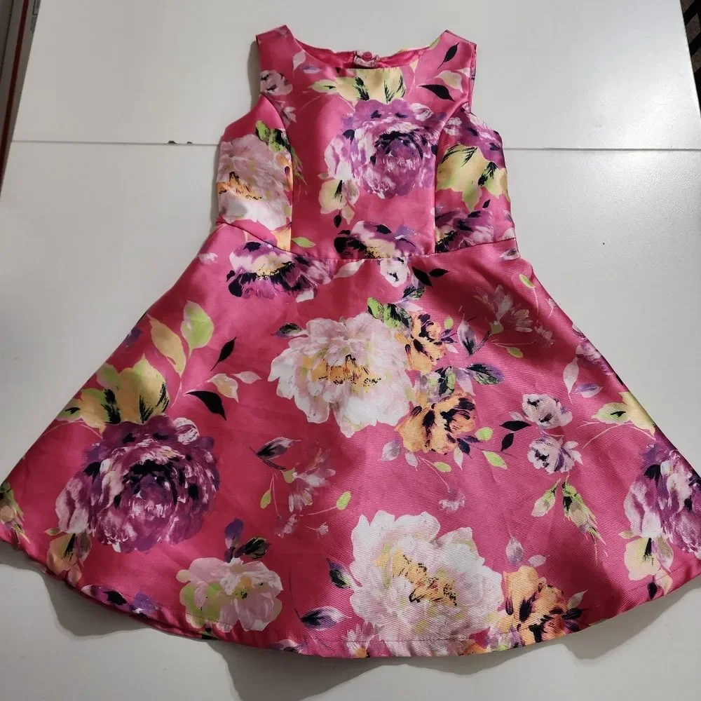 Girls Elegant Floral Magenta Pleated Easter Dress Cardigan & Headband Set Size 6